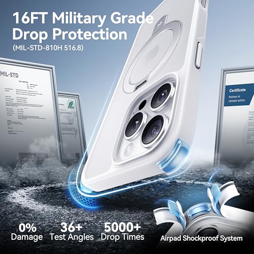 Image of CASEKOO Ultra-Magnetic Stand for iPhone 16 Pro Case, Shockproof Slim, White | [Military Drop Protection] [Compatible with MagSafe] Translucent Matte Slim Ring Holder Case for iPhone 16 Pro 6.3 Inch