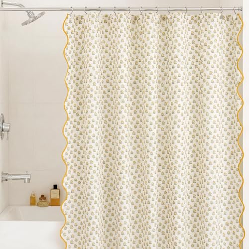 Mindsoft Begonia Toile Shower Curtain 72 x 72 Cotton Linen Yellow and White Print Curved Edge Curtain with 12 Metal Hooks Waterproof Bath Decor for Kitchen 18th Century Style Bath Accessories