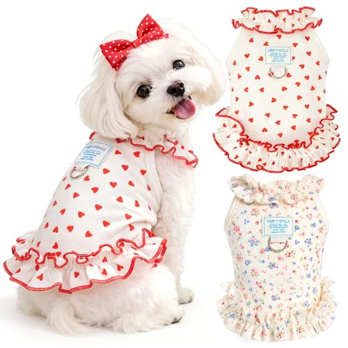 2 Pack Dog Cat Dresses for Small Dogs Girl Cute Heart & Floral Print Ruffle Sleeve Hem Breathable Stretchy Pet Puppy Cat Summer Clothes Outfits for Chihuahua Yorkie Teacup Extra Small Tiny Dogs