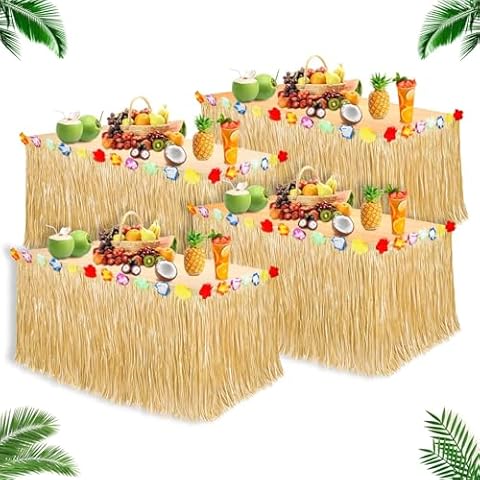 Luau Party Decorations, Hawaiian Party Decorations, Gold Hawaii Table Skirt 53" X 29.5" Grass Skirts Luau Party Favors, Luau Party Supplies Table Skirt for Summer Tropical Beach Party Decors (Gold-02) Cover