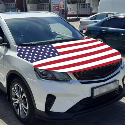 Image of American Hood Flag Cover - 59x51 in Car Hood Cover American Flag for Car Decor, Patriotic Car American Flag with 2 Pack Adjustable Triangular Fasteners