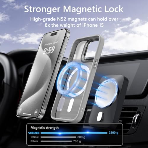 Image of VONZEE Clear Camera Kickstand Case for iPhone 15 Pro Max, Built-in Adjustable Camera Stand, Clear Magnetic Mag-Safe Shockproof Classic Series Phone Cover (Grey)