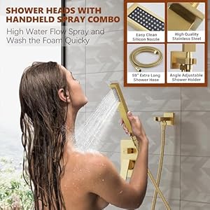 Goldshowersystem10squarerainfallshowerheadwithhandheldcombospraybathroombrushedgoldshowerfaucetsetwithvalve59showerhoseshowertrimkitanddiverterwallmounted Urban Country Home Decor Gold shower system 10 square rainfall shower head with handheld combo spray bathroom brushed gold shower faucet set with valve 59 shower hose shower trim kit and diverter wall mounted urban country home decor