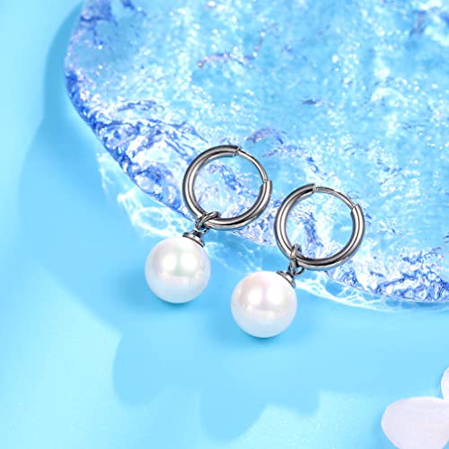 Limerencia Hypoallergenic Pure Titanium Post Lightweight Dangle Huggie Earrings For Women | Vertical Bar, Cross, Moon, Lightning | Dainty Earrings (10Mm, Pearl) #TOP1