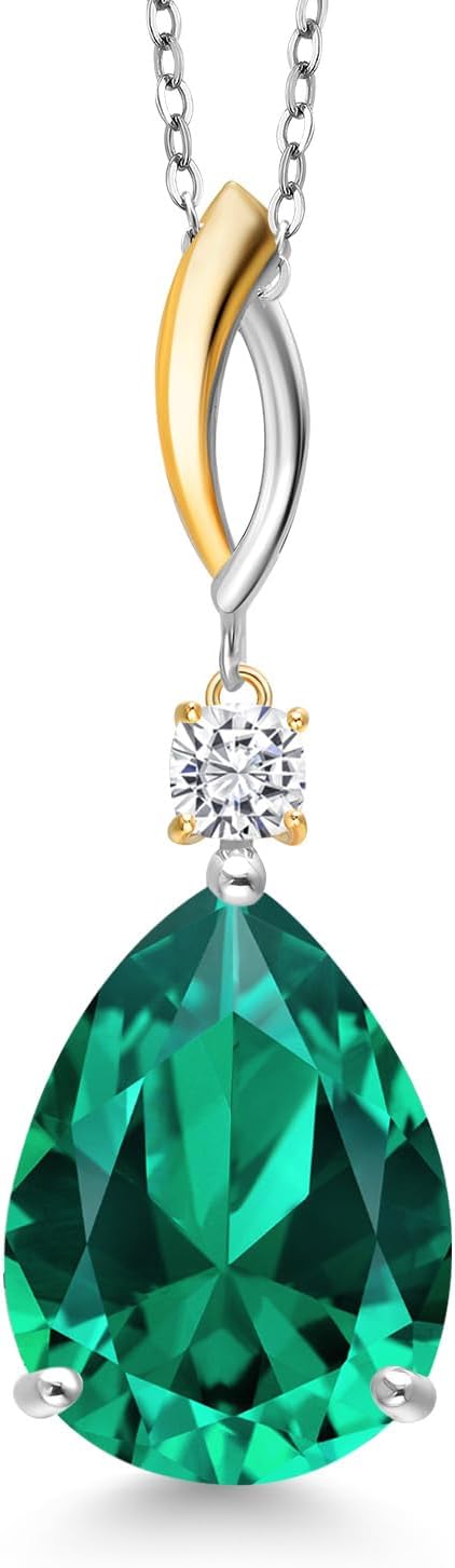 Gem Stone King 9.57 Cttw Green Nano Emerald and White Moissanite Pendant Necklace for Women | 925 Silver and 10K Yellow Gold | Gemstone May Birthstone | Pear Shape 18X13MM | With 18 Inch Chain