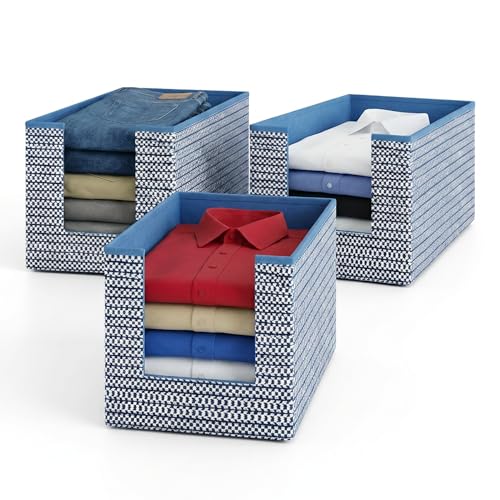 Image of DALUCI Shirt Stacker & Clothes Organizer for Wardrobe | Non-Woven Foldable Storage Box for Cupboard, Closet & Bedroom | Strong Collapsible Fabric Organizer | 40x25x24 cm - Pack of 3 (Blue)