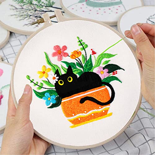 Image of Louise Maelys Black Cat Embroidery Kit for Beginners Botanical Craft | Cross Stitch Kits Include Pre-Printed Fabric, Embroidery Hoop, Threads, Needles and Guide. Needlepoint Kit for Adults