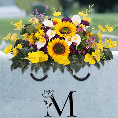 Headstone Flower Saddle for Cemetery: Rose Sunflower Artificial Cemetery Saddles for Headstones - Grave Decorations image 1