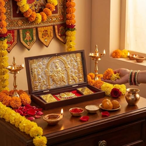 Image of Maa Durga Pocket Temple for Wedding Gift, Housewarming Gift & Pooja Room Decor | Gold Plated Ambe Maa Photo Frame with Charan Paduka - 8.4 x 4.5 Inch - Pack of 1
