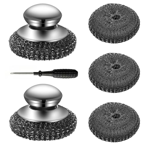 Image of 2Pcs Heavy Duty Stainless Steel Dish Brush with Handle - Kitchen Scrub Brush for Dishes, Pans, Cooktops - 3 Replacement Pads Included