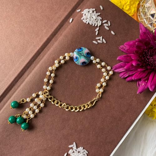 Image of I Jewels Pearl Bhaiya Bhabhi Lumba Rakhi Bracelet Combo Set With Roli Chawal & Rakshabandhan Greeting Card
