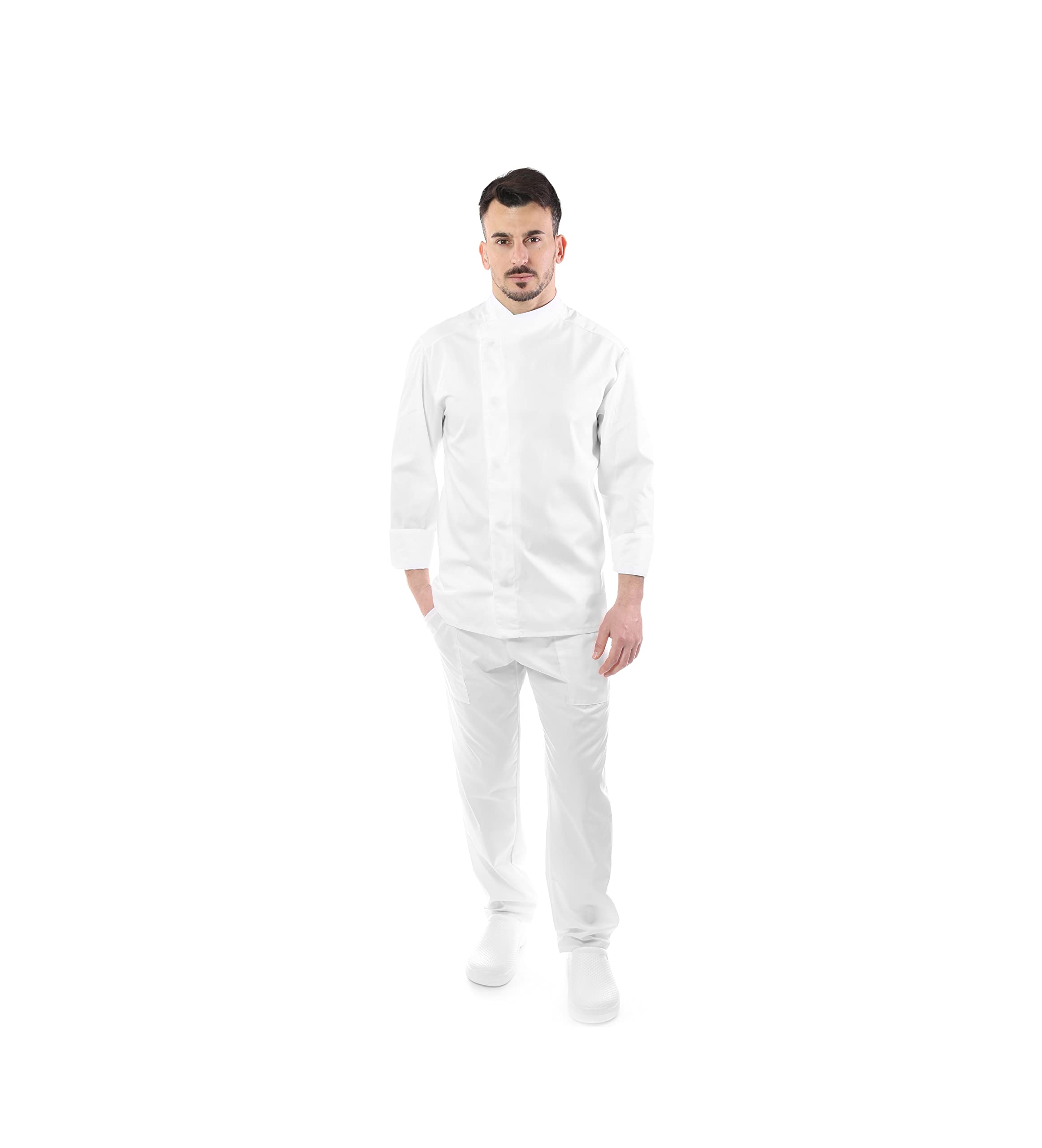 Bordado gratuito – Juego de cocinero y chef blanco – Hombre – Doble cuello – 4 unidades – Chaqueta, pantalón, delantero y bandana – uniforme para cocina y restaurante – Fabricado en
