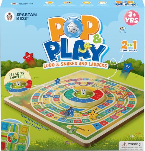 Image of Spartan Kids Pop & Play 2 in 1 Game Board, Ludo & Snakes and Ladders, Ages 3+, Multicolour, Press to Shuffle Dice Mechanism, 2-4 Players