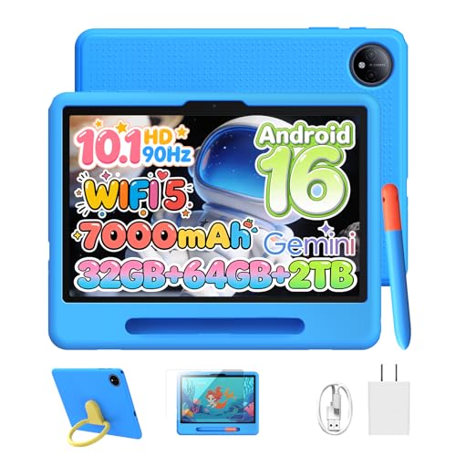 Image of P10 Kids Tablet for ages 3-7, Android 16 Tablet, Gemini AI, 10 Inch Tablet, 90Hz, 32GB RAM+64GB ROM, 7000mAH, 5G WiFi, Face ID, kids tablet with case,Includes a child protective case and pen, Blue