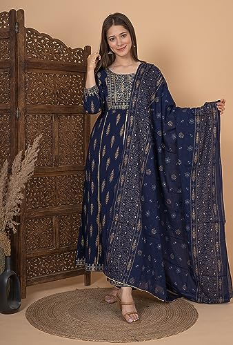 Image of MEERA FAB Women's Rayon Printed Blue Anarkali Kurta with Palazzo & Dupatta Set