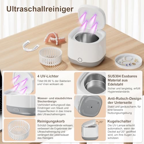 Ultraschallreinigungsgerät Zahnschiene UV 45000Hz 24W Dental Pod für Zahnersatz, Aligner, Mundschutz, Bleaching-Schalen, Ultraschallreiniger 5 Minuten Reinigung für Schmuck, Diamanten 200ml