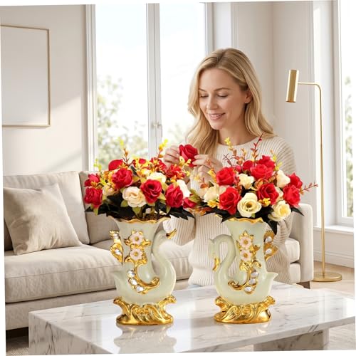 Roses elegantes fausses fleurs vase cygne dore strass sans entretien - 4