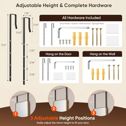 Image of Antok 58 inchx20 inch Over the Door Mirror, Full Length Mirror Door Hanging with Aluminum Metal Frame, Rectangle Wall Mounted Body Mirrors for Bedroom, No-Drill Space Saving Dressing Mirrors, Gold