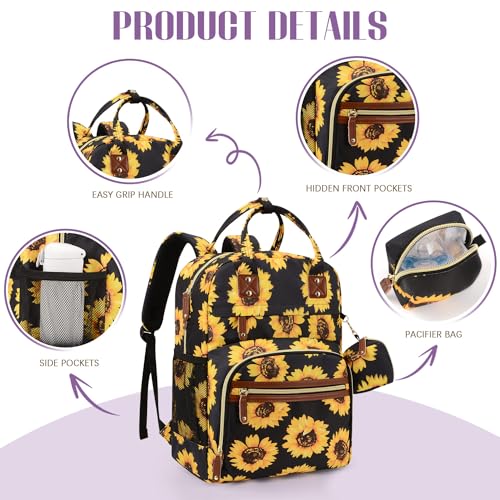 Image of Tuwubi Diaper Bag Backpack, Baby Essentials Travel Tote Bag, Multi function Waterproof Backpacks, Travel Essentials with Stroller Straps & Pacifier Case - Sunflower
