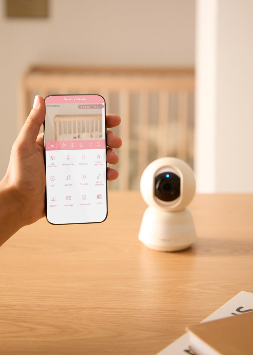CREATE / Baby CAM Connect Pro/Babyphone caméra avec WiFi Blanc cassé/Audio bidirectionnel, vidéo Haute qualité, Vision Nocturne, caméra pivotante, 7 chansons, 5 W