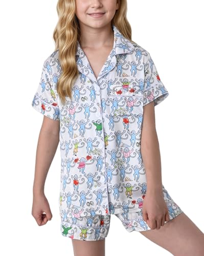 HINFEL Ugly Girls Summer Outfit, Kids 2 Piece Button Down Monkey Beach Shorts Set Cute Animal Y2k Preppy Loungewear (Pisa,8-9 Years)