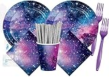 Space Party Supplies - Galaxy Plates Cups Napkins Straws and Forks for 16 People - Perfect Space...