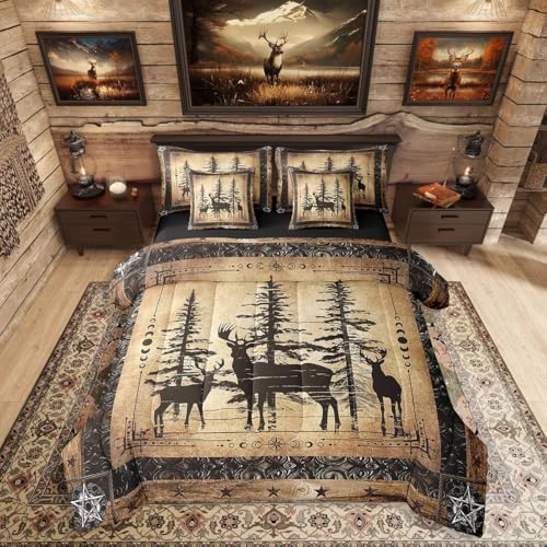 Erosebridal Rustic Deer Comforter Set 7 Piece Farmhouse Cabin Bed in A Bag King Western Woodland Wildlife Bedding Comforter Sets for Kids Boys Adults Men Black Retro Country Animal Bed Set