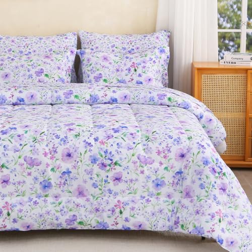 Image of lasoftan Floral Queen Comforter Set with Sheets, 7 piece Luxury Vintage Bedding, Soft Microfiber Bed in a Bag, Cozy Lightweight Bed Set, Purple Green Botanical