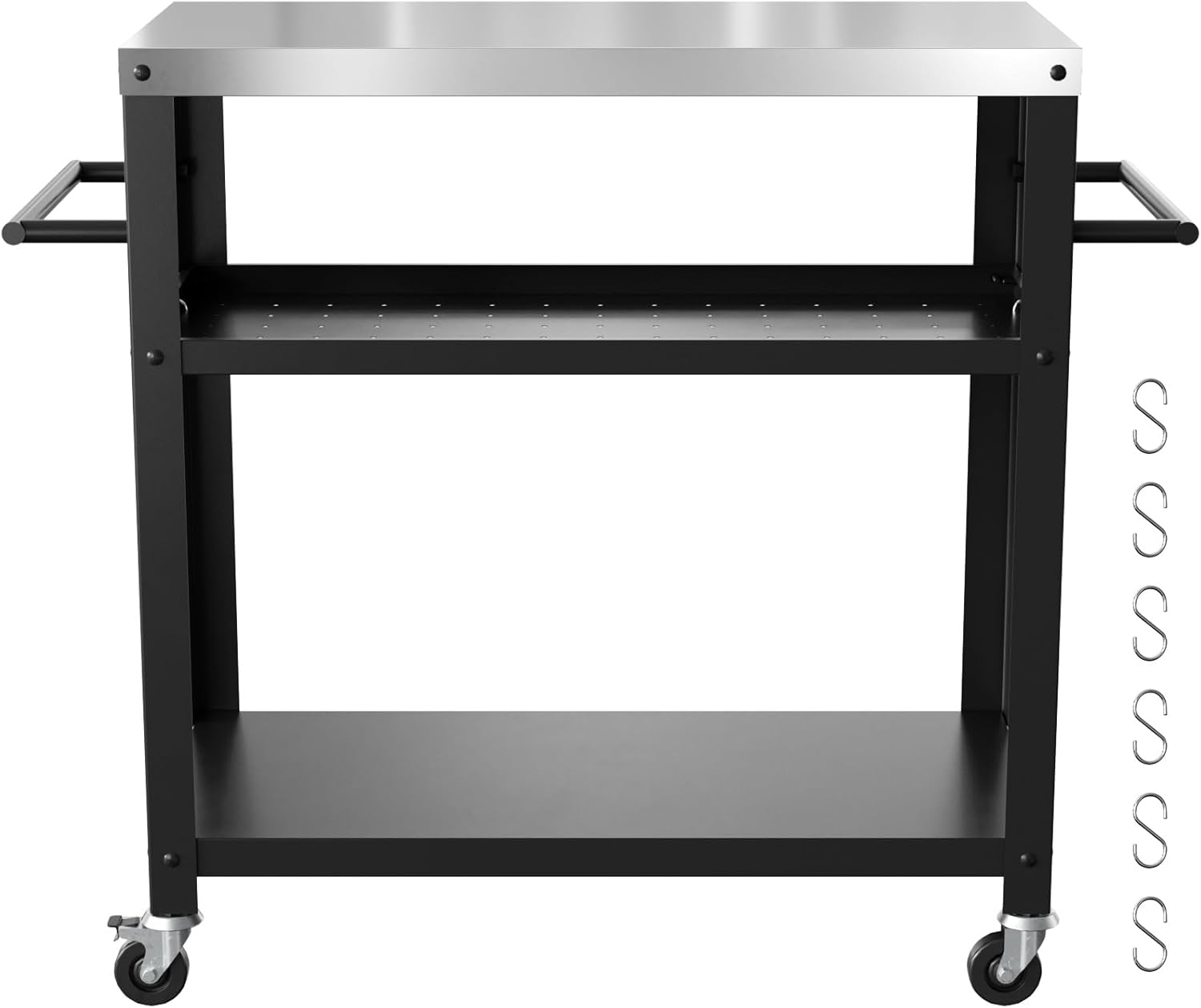 Outdoor Grill Cart with Three-Shelf, Stainless Steel Pizza Oven Table for Outside, Dining Kitchen Cart with Two Side Handle, Garden Patio BBQ Kitchen Food Prep Table Cart (Black)