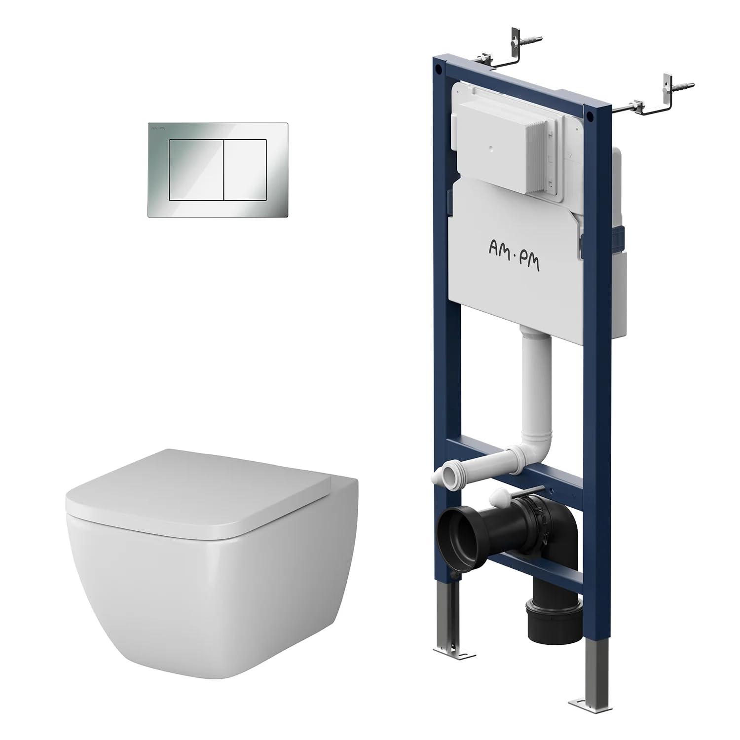 AM.PM - Kompletny zestaw – element podtynkowy II12709 Prime Fit z prostokątną płytą uruchamiającą chrom + wisząca WC Gem bez krawędzi spłukiwania + deska sedesowa wolnoopadająca Soft-Close