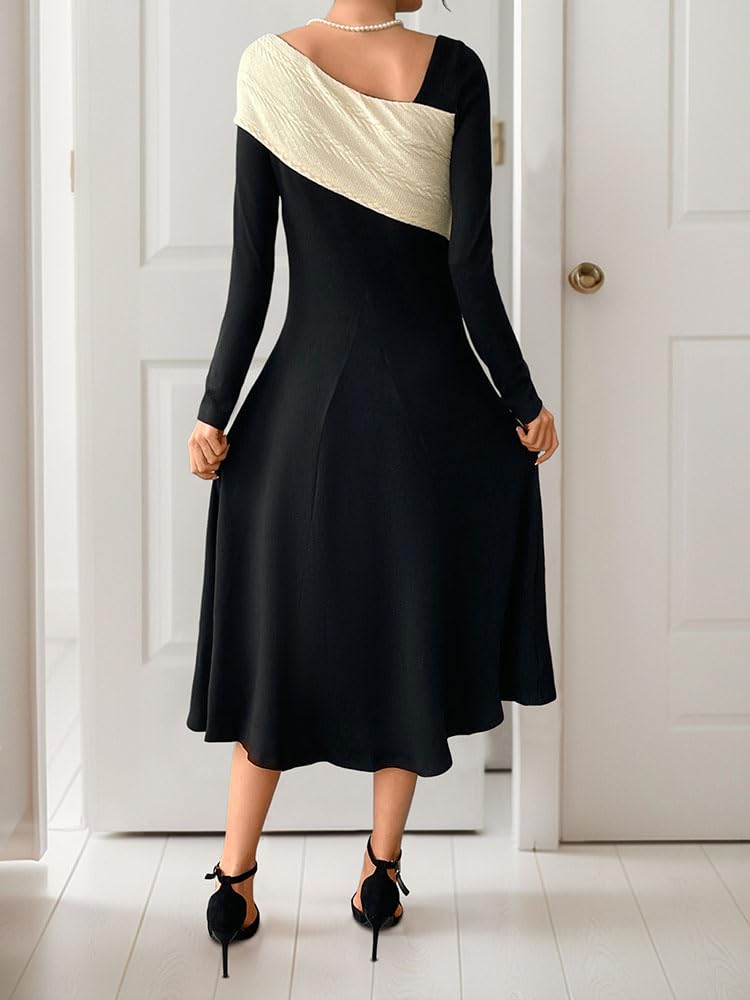 Vestido asimétrico Acampanado con Escote en V y Bloques de Color para Mujer - Elegante Vestido Midi de Oficina con Manga Larga y Cintura Alta