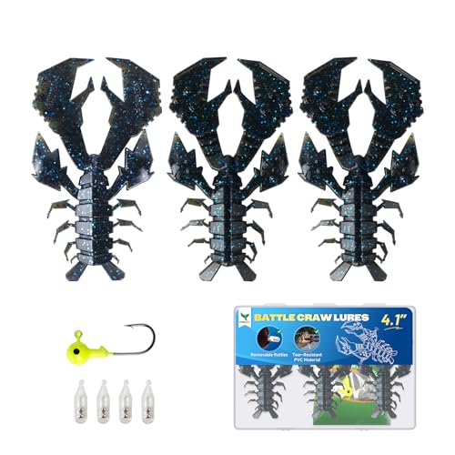 Image of Battle Craw Soft Plastic Crawfish Lures Kit with Removable Rattles | Salt Infused Creature Bait for Bass Fishing, Texas Rig & Jig Trailer Lure in Tackle Box, Realistic 1:1 Claw-to-body 4.1 /5.5in