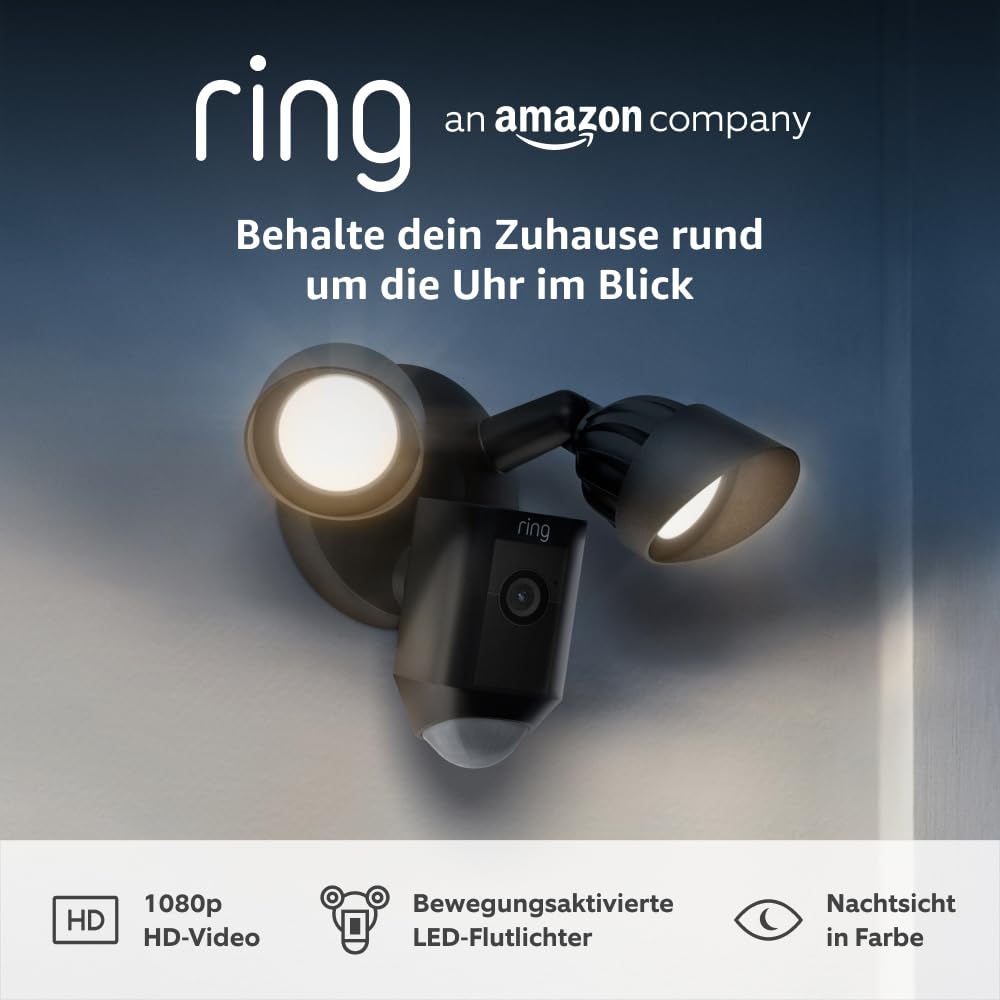 Ring Flutlichtkamera Plus Kabel (Floodlight Cam Wired Plus) | Überwachungskamera aussen mit WLAN, HD-Video, LED-Flutlicht, Nachtsicht, Bewegungserfassung & Sirene | Alexa-kompatible Sicherheitskamera