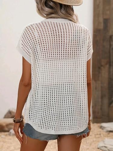 Summer Crochet Tops for Women 2025 Summer Sweaters Lightweight Beach Vacation Clothes for Women Hollow Capsleeve Cute Tops2