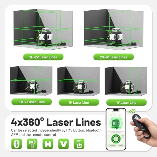 Image of Huepar Laser Level 360 Self Leveling, S04CG 4x360 Green 4D Cross Line Laser with LCD Screen with Receiver -Pulse Mode, Bluetooth, Remote Control, Rechargeable 16 Lines Laser Tool for Construction