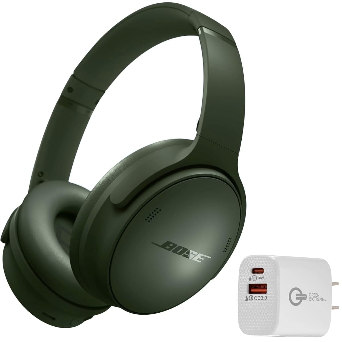 Bose QuietComfort Bluetooth Headphones, Wireless Headphones with Active Over Ear Noise Cancelling and Mic, + Green Extreme 20W 2-Port Wall Charger (