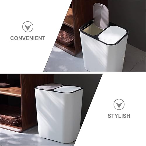Miniatura 9 de Bote de basura de doble compartimento para residuos de cocina, contenedor de basura blanco con tapa para separación seca y húmeda, elegante cubo de