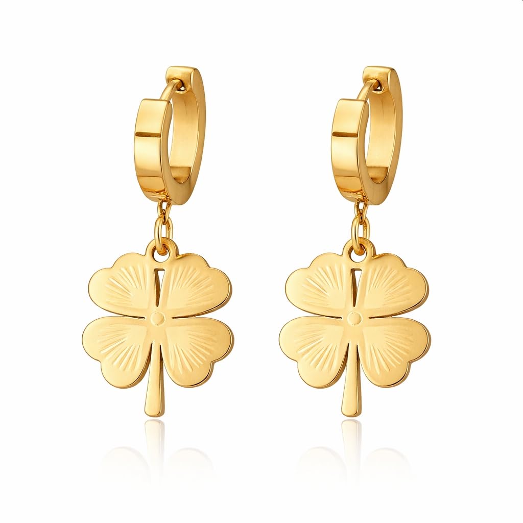 arit style Anti Tarnish 18k Gold Plated Stainless Steel Four-Leaf Clover Hoop Earrings, Lightweight, Hypoallergenic, Waterproof, Fashion Jewellery Gift for Party & Daily Use-picture-56