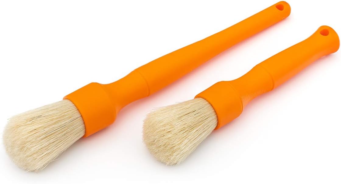 Detail FactoryBoar Hair Detailing Brush Short-Handle + Long-Handle Combo Kit - Comfortable Grip and Heavy-Duty Scrubbing for Interior, Exterior, Engine Bay, Wheels, Exhaust Tips, Orange