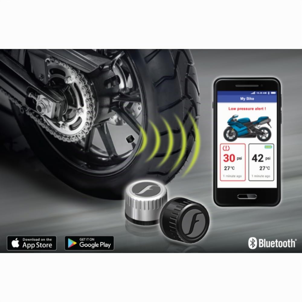 FOBO Bike 2 Sistema de Control de Presión de Neumáticos con Aplicación - Sensor de Presión de Neumáticos Inteligente Bluetooth 5.0 para Motocicletas Manómetro de Presión de Neumáticos - Negro