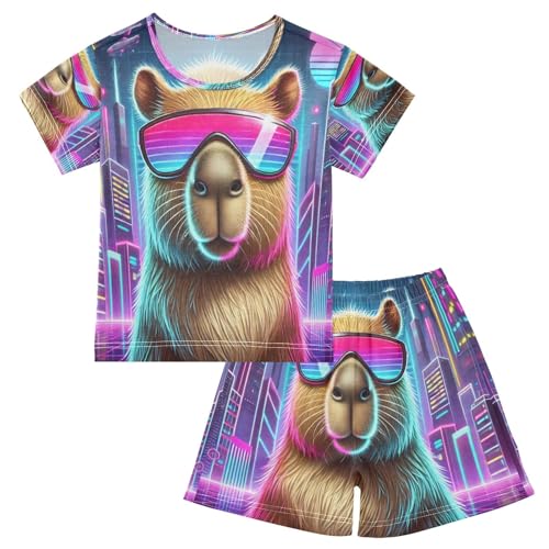 Capybara Cyber City Pajama Set Short Sleeve Summer Pajamas Sleepwear Nightwear Set Cotton 5Y