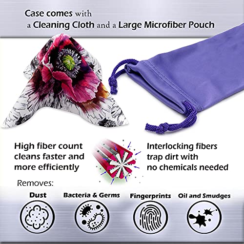MyEyeglassCase Floral Hard shell glasses case with Microfiber Drawstring Pouch and Cleaning Cloth Art by Rachel Rowberry | Protective Small sunglasses case for women (AS126 Purple Poppy)