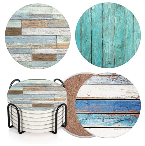 Britimes Coaster for Drinks Set of 6, Retro Wood Absorbent Round Ceramic Stone Mat, with Cork Base and Metal Holder, Gift for Housewarming Room Bar Decor