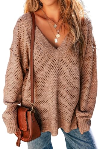 KevaMolly Womens Long Sleeve Sweaters Loose Eyelet V Neck Drop Shoulder Sweater Basic Daily Tunics Tops