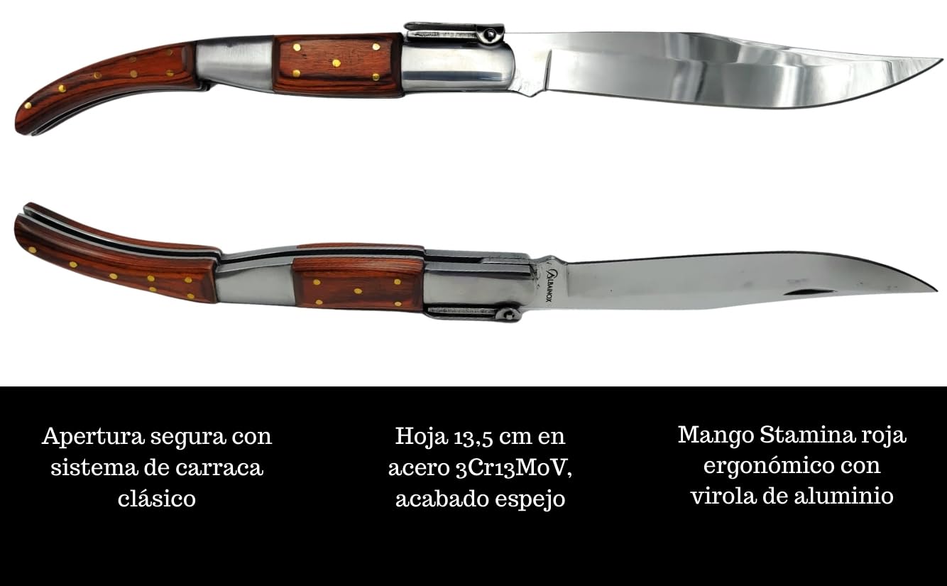 Pack navaja árabe con carraca 3Cr13MoV hoja espejo + monedero de piel 10,5×7 cm hecho en España + pulsera hierros taurinos (Roja)