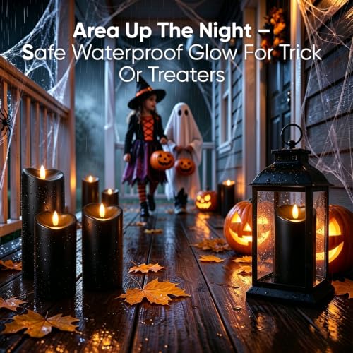 Image of Raycare 8 inchx3 inch Outdoor Waterproof Flameless Candles with Remote and Timer, Battery Operated LED Electric Fake Pillar Candle for Halloween Home Wedding Decor, Black, Set of 2