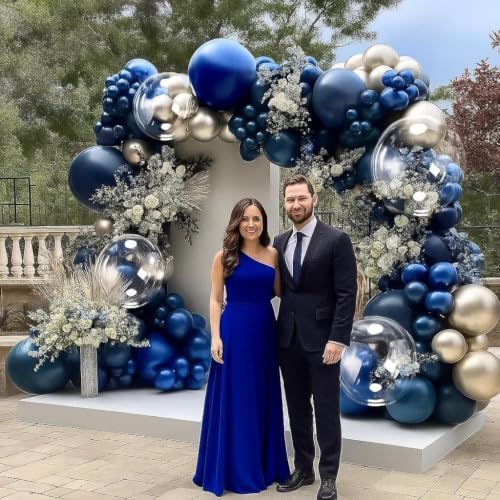 Image of Royal Blue Gold Balloon Arch Double Stuffed Latex Bobo Pearl Gold Balloon Garland Navy Ruby Blue Balloons for Birthday Baby Shower Graduation Wedding Prom Business Opening Party Decor