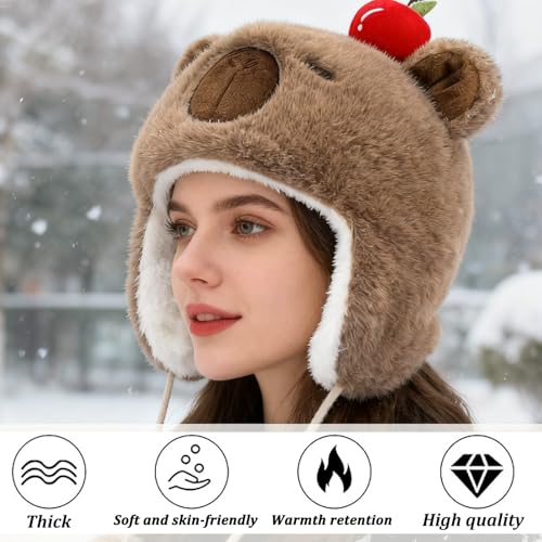 FOSDICK Capybara Mütze mit Ohrenklappen, Trapper Mütze Damen, Niedlich Fliegermütze Damen, Capybara Plush Damenmützen Winter, Wintermütze mit Ohrenklappen, Winddichte Trappermütze, Warme Damenmütze