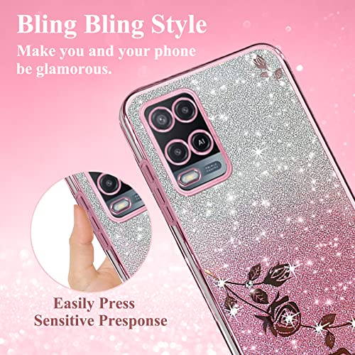 Phone Case for Oppo A54 4G Clear Glitter Floral, Cute Slim for Oppo A54 4G Case Silicone Shockproof Protective Women Girls Cover Sparkle Aesthetic (Pink)