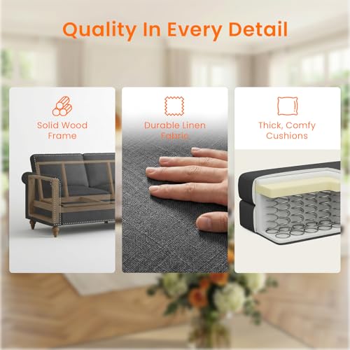 Image of ijuicy 2Pcs Sectional Sofa Set with 5 inch Thicken Cushion-Dark Gray | Modern linen upholstered living room furniture set with nailhead trim includes a 3 seat sofa and an armchair